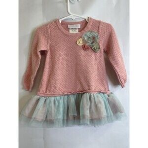 Girls Pink & Mint Tulle Long Sleeve Dress-Bonnie Baby-Size 18 Months EUC